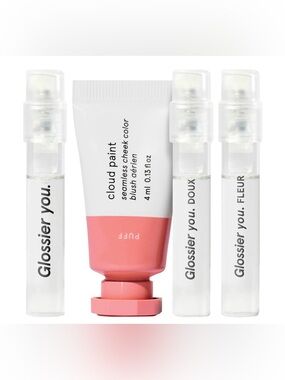 Glossier Cloud Paint Cheek Color — Puff Pink and fragrance samples